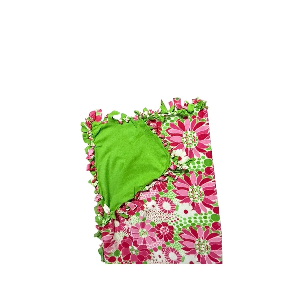 Handmade No-Sew Fleece Throw Blanket Pink Green Flower Print Lilly Style Soft